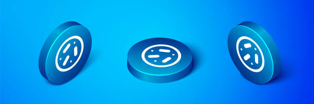 ilustraciones, imágenes clip art, dibujos animados e iconos de stock de plato petri isométrico con icono de bacteria aislado sobre fondo azul. botón de círculo azul. vector - chemistry white petri dish design