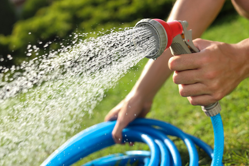 A close-up photo of a woman's hand while watering a garden.