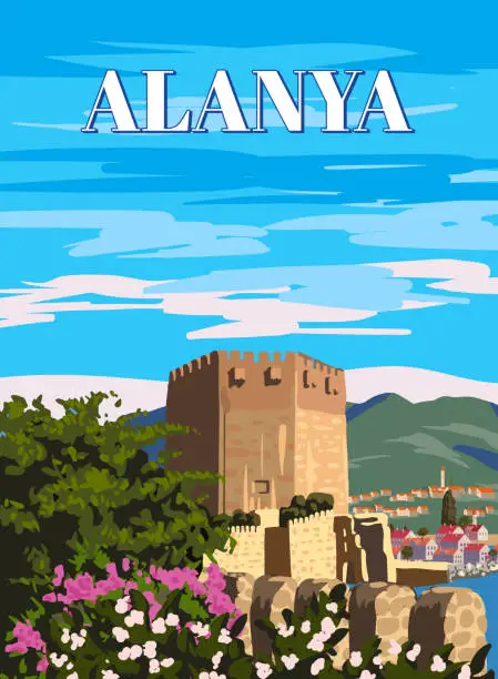 Vector illustration of Retro Poster Alanya landmark, Turkey resort, horizon, skyline. Vintage touristic travel postcard, placard, vector