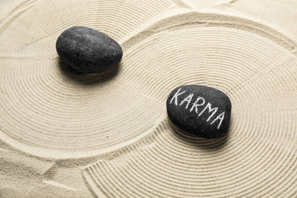 istock Stones with word Karma on sand, above view 1481247286