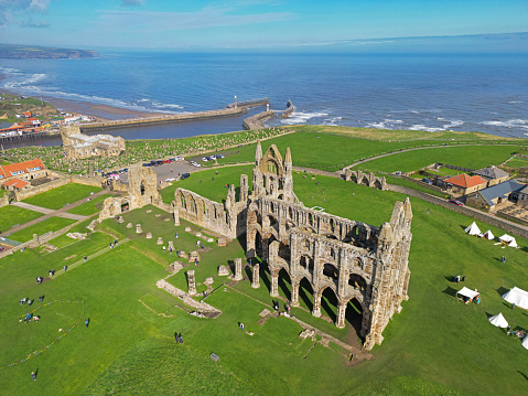 An aerial view of Whitby Abbey over the Easter UK Bank Holiday Weekend. 8th April 2023.