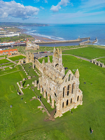 An aerial view of Whitby Abbey over the Easter UK Bank Holiday Weekend. 8th April 2023.