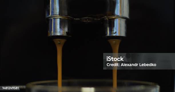 The Coffee Maker Pours Hot Coffee Into A Cup Closeup Of Making Caffeinated Coffee In The Morning For Breakfast Liquid Coffee Drink Is Poured Into The Cup After Brewing Stock Photo - Download Image Now