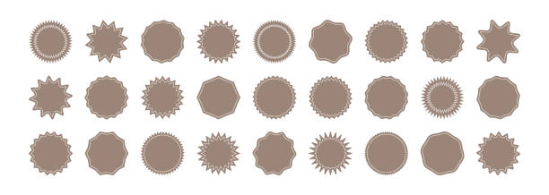Sticker star shape, badge starburst, price tag circle, sale round vector icon, sun label, brown sign Award, achievement, medal set. Simple illustration Sticker star shape, badge starburst, price tag circle, sale round vector icon, sun label, brown sign isolated on white background. Award, achievement, medal set. Simple illustration horizontal badge stock illustrations