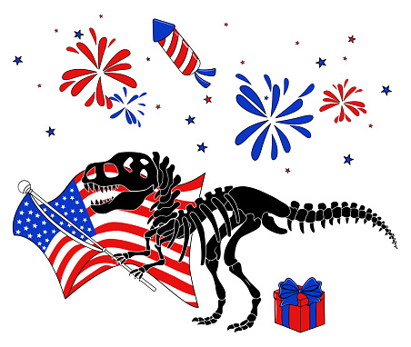 Dinosaur Skeleton silhouette USA. 4th of July independence day Dino skull with teeth. Collection of Tyrannosaurus Rex with Fireworks American Flag and Gift box design elements