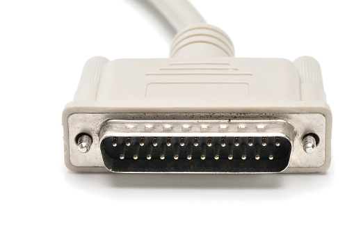 LPT parallel port cable and plug on isolated white background