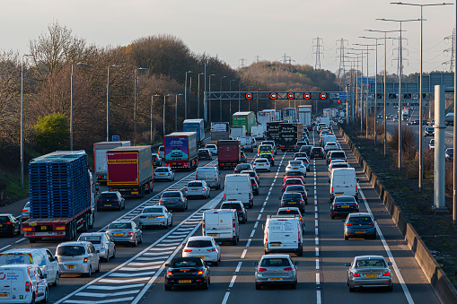Watford, UK - April 4, 2023: Evening traffic jam on British motorway M1