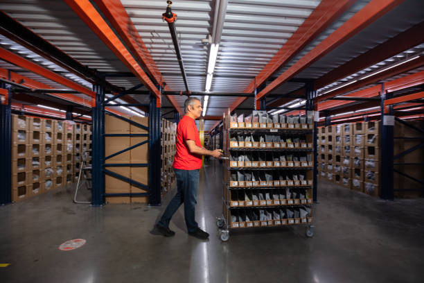 istock Middle Eastern Man Moving Shelf While Holding a Scanner In a Fulfillment Center 1481252830