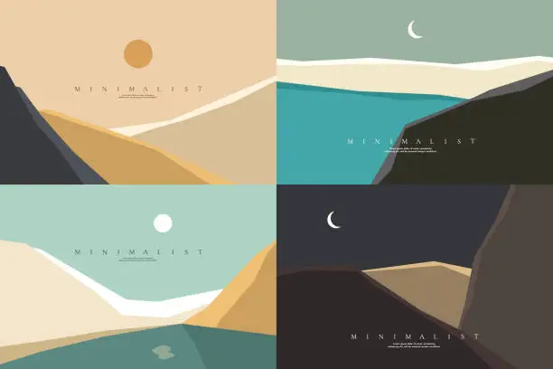 Vector illustration of Vector illustration. Minimalistic geometric landscapes collection. Mid century modern graphic. Desert hills, lake by rock, desert mountains by water, night scene. Design elements for web banner