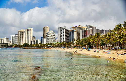 Waikiki, Oahu, Hawaii, USA, - February 6, 2023: Coastline View of Waikiki Resort Hotels and Beach