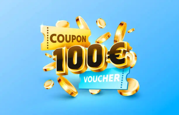 Vector illustration of 100 euro coupon gift voucher, cash back banner special offer. Vector illustration