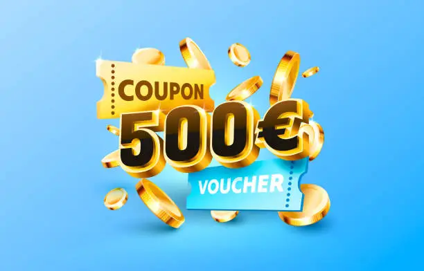 Vector illustration of 500 euro coupon gift voucher, cash back banner special offer. Vector illustration