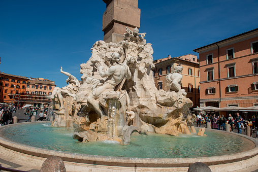 Rome Italy 16 March 2023:Fontana dei Fiumi, is an artistic fountain in Rome placed in the center of piazza Navona,