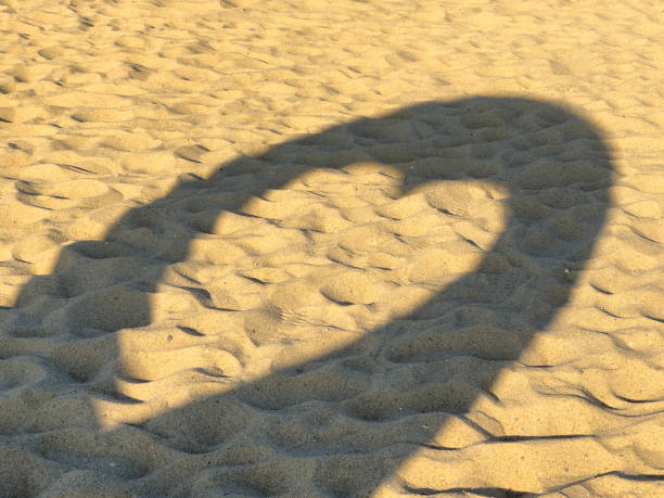 Silhouette of couple making heart shape with arms on beach at  golden sunset