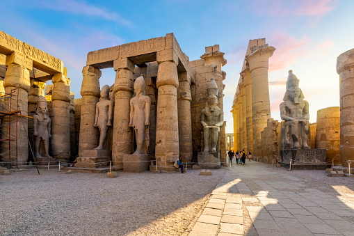 View of the Temple Colonnade of Amenhotep III from the Courtyard of Ramses II at Luxor Temple, in Luxor, Thebes, Egypt.