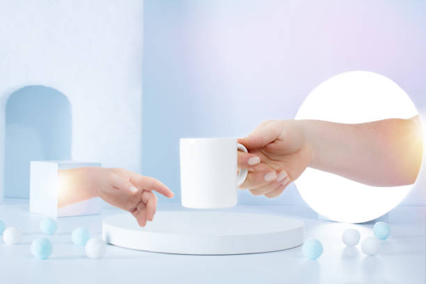 Portal Hand Offering a Cup of Coffee in Futuristic White Scene