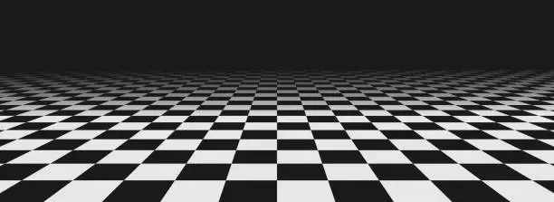 Vector illustration of Chess perspective floor background. Black and white chessboard perspective floor texture. Checker board pattern surface. Fading away vanishing checkerboard background. Abstract vector illustration