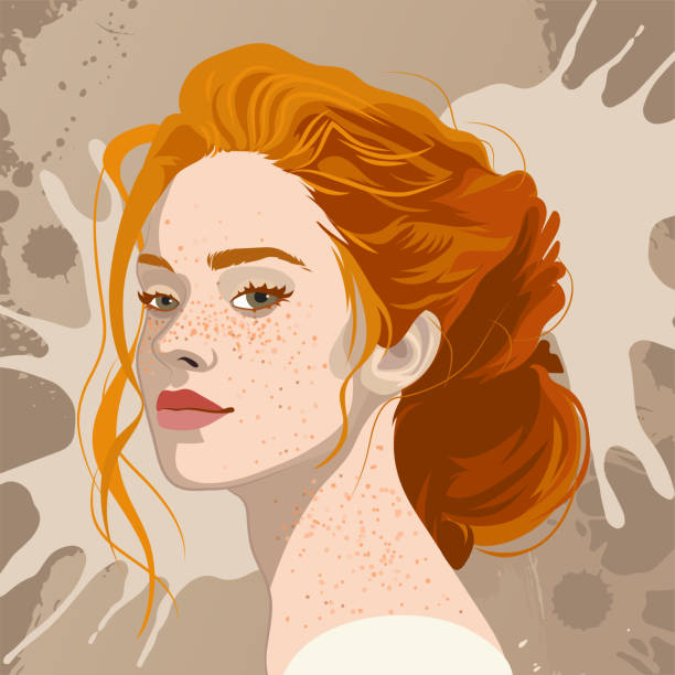 Portrait of a beautiful girl with freckles and red hair with a beam. Portrait of a beautiful girl with freckles and red hair with a beam. Vector illustration isolated on an abstract background freckle stock illustrations