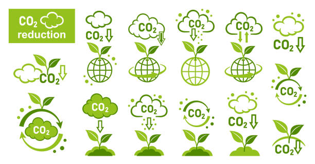 ilustrações de stock, clip art, desenhos animados e ícones de co2 emission reduction, green plant carbon dioxide recycling, offset, carbonic greenhouse gas reduce icon set. smoke cloud. neutral and low level air atmosphere pollution. clean eco technology. vector - recycling carbon footprint footprint sustainable resources