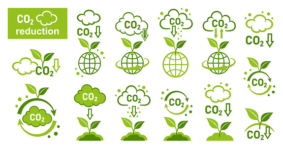 CO2 emission reduction, green plants carbon dioxide recycling, offset, carbonic greenhouse gas reduce icon set. Neutral air pollution. Smoke cloud, smog. Low level atmosphere contamination. Clean eco technology. Prevention global ecological climate change on earth. Vector