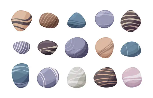 Vector illustration of River stones. Colorful rounded pebbles in various colors and shapes for for decoration or landscaping, smooth under the sea stone set. Vector collection