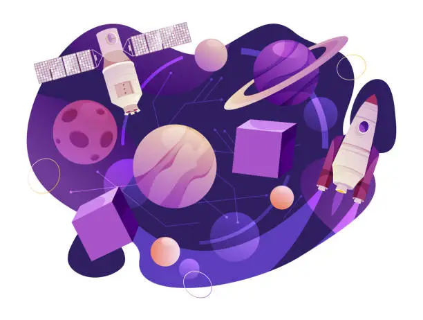 Vector illustration of Metaverse virtual reality dimension, galaxy or space with satellites and rockets, planets and steroids. Universe exploration. Vector in flat cartoon illustration