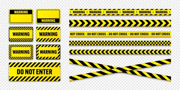 Vector illustration of Various barricade construction tapes and warning shields. Yellow police warning line, brightly colored danger or hazard stripe, ribbon. Restricted area, zone. Attention symbol. Vector illustration