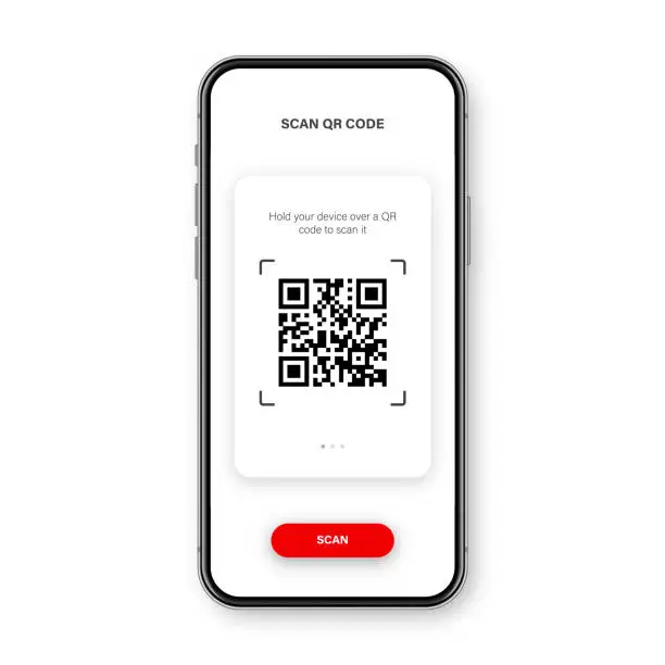 Vector illustration of QR code scanner, reader app for smartphone. Identification tracking code. Serial number, product ID with digital information. Store, supermarket scan labels, price tag. Vector illustration.