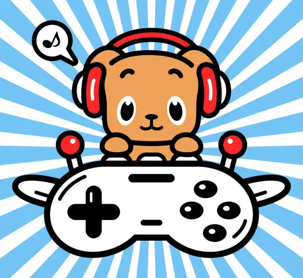 Vector illustration of Cute character design of a labrador retriever wearing headphones and flying a plane made out of a game controller