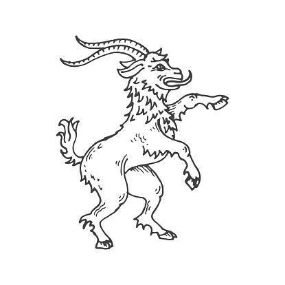 Goat medieval heraldic animal sketch. Magic animal, legend rampart goat or mythical beast royal crest, engraved vector insignia. Mythology creature coat of arms, sketch medieval heraldry symbol