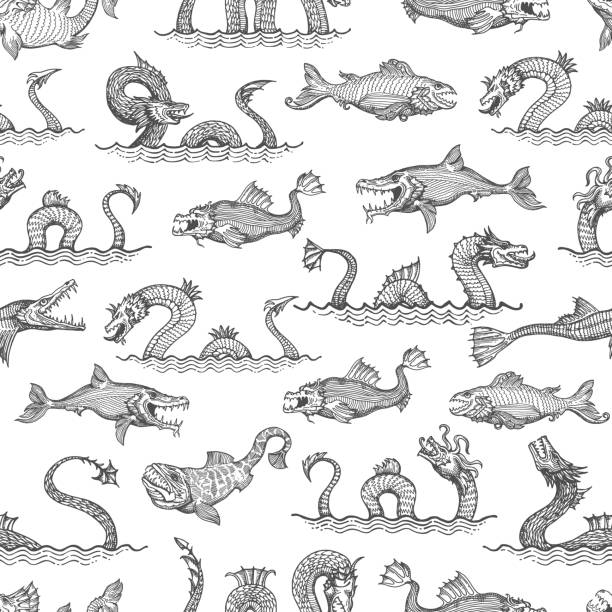 고대 바다뱀, 용과 리바이어던 패턴 - world record illustrations stock illustrations