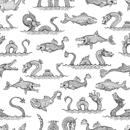 Ancient sea serpent, dragon and leviathan animals seamless pattern, vector background. Sea fish monsters and fantastic ocean creatures in vintage line hatching pattern, marine krakens with tentacles