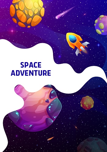 Space landing page, cartoon spaceship in starry galaxy. Vector futuristic poster with shuttle engine or spacecraft travel in Universe explore alien planets, stars and asteroids. Cosmic mission, trip