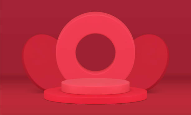 istock Red neon cylinder pedestal ring wall event celebration contest award 3d design realistic vector 1481277280