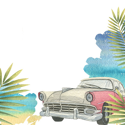 Pink retro car with tropical palm leaves against the blue sky. Watercolor illustration hand drawn. Template empty on white background for postcard, summer, beach, poster, souvenir, print, sticker