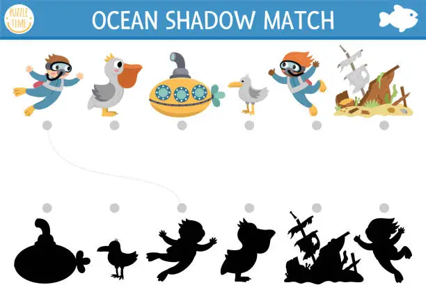 Vector illustration of Under the sea shadow matching activity. Ocean puzzle with cute diver, submarine, pelican, wrecked ship, seagull. Find correct silhouette printable worksheet or game. Water animals page for kids