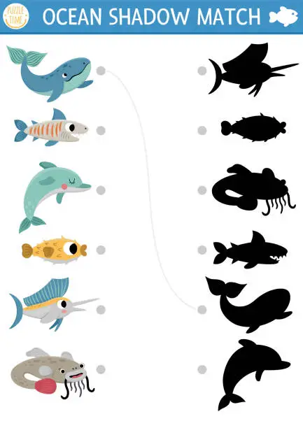 Vector illustration of Under the sea shadow matching activity with fish. Ocean puzzle with cute whale, dolphin, shark, blowfish. Find correct silhouette printable worksheet or game. Water animals page for kids