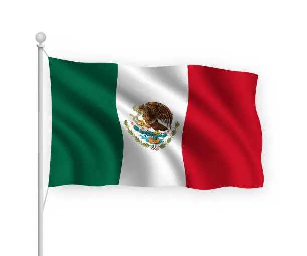 Vector illustration of 3d waving flag Mexico Isolated on white background.