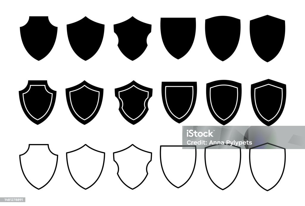 Diferentes formas de escudos. Conjunto de ícones de escudos. Proteger o distintivo. Ícone de segurança negro. Símbolo de proteção. Logotipo de segurança. Gráfico vetorial. - Vetor de Proteger com Escudo royalty-free Diferentes formas de escudos. Conjunto de ícones de escudos. Proteger o distintivo. Ícone de segurança negro. Símbolo de proteção. Logotipo de segurança. Gráfico vetorial. - Vetor de Proteger com Escudo royalty-free
