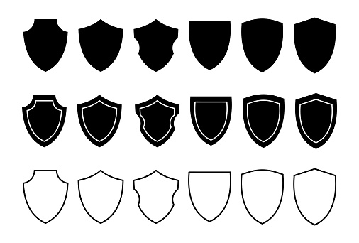 Different shields shapes. Shields icon set. Protect badge. Black security icon. Protection symbol. Security logo.Vector graphic. EPS 10