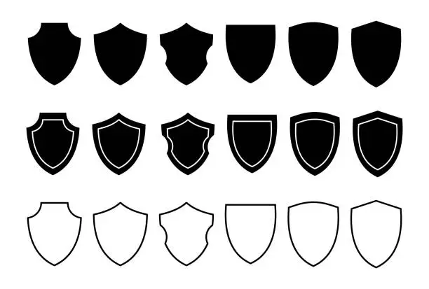 Vector illustration of Different shields shapes. Shields icon set. Protect badge. Black security icon. Protection symbol. Security logo.Vector graphic.