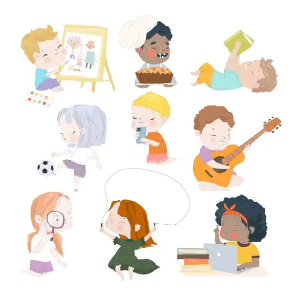 Vector illustration of Happy Cartoon Kids engaged in Different Activities