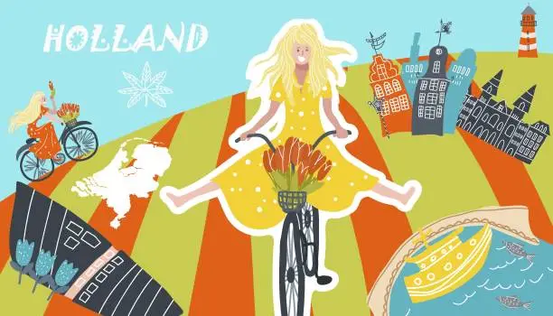 Vector illustration of Conceptual vector illustration with symbols Holland, Netherlands, Amsterdam, landmarks, travel, tourism.