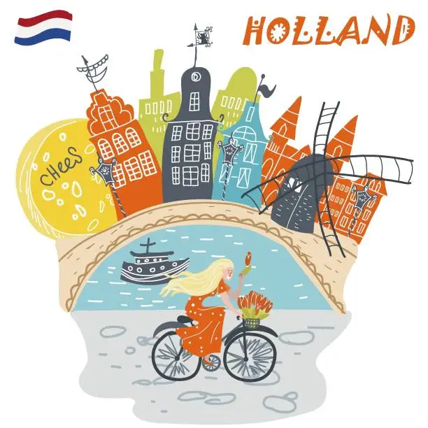 Vector illustration of Conceptual vector illustration with symbols Holland, Netherlands, Amsterdam, landmarks, travel, tourism.