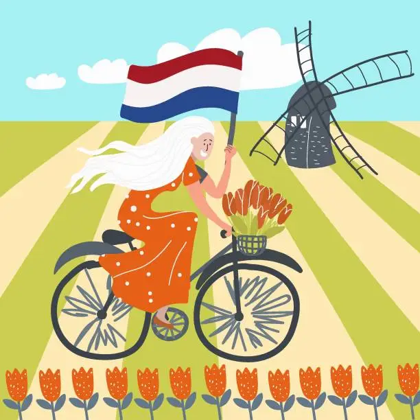 Vector illustration of Conceptual vector illustration with symbols Holland, Netherlands, Amsterdam, landmarks, travel, tourism.