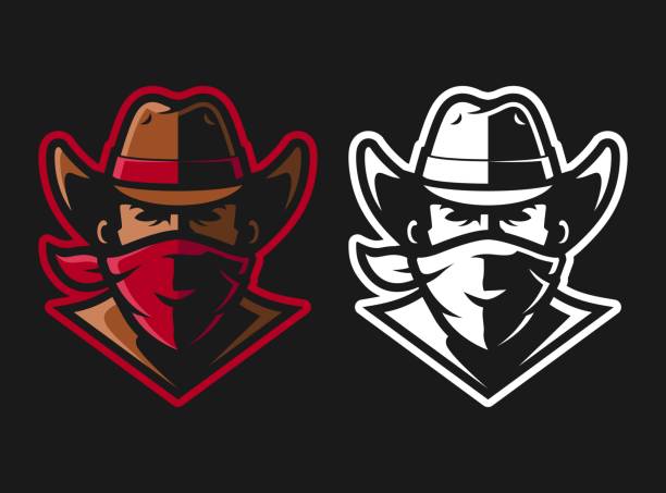 illustrazioni stock, clip art, cartoni animati e icone di tendenza di design del logo della mascotte della testa di cowboy - bandito