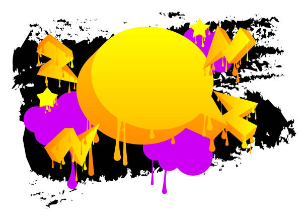 istock Yellow graffiti speech bubble with purple and black elements. Abstract modern street art design. Discussion, Feedback Message symbol performed in urban painting style. 1481283830