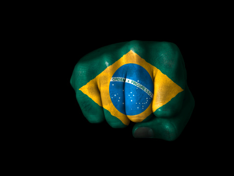 Flag of Brazil painted on closed fist. See other Flags of the World on fist: