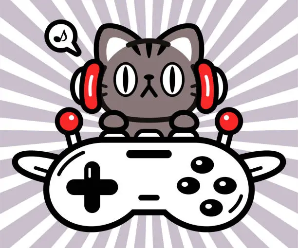 Vector illustration of Cute character design of a little cat wearing headphones and flying a plane made out of a game controller