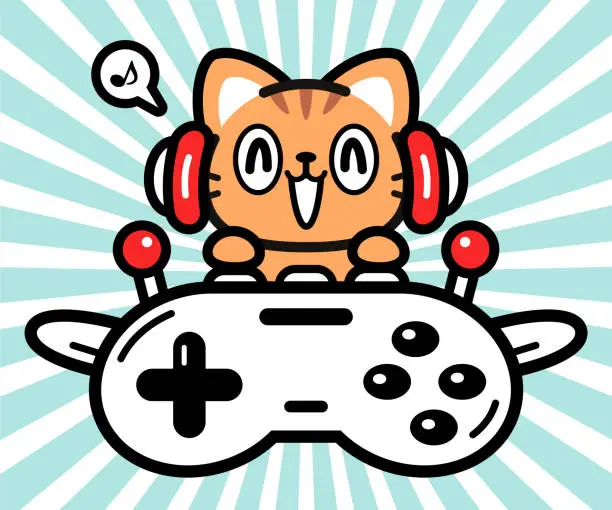 Vector illustration of Cute character design of a little cat wearing headphones and flying a plane made out of a game controller